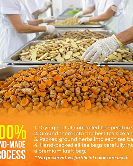 FreshDrinkUS, Premium 85 Ginger Turmeric Tea Bags, 100% Natural Ingredients, Hand-made Blend of Ginger and Turmeric Herbal Tea, Eco-conscious Tea Bags. No Sugar, No Caffeine, No Gluten, Vegan.