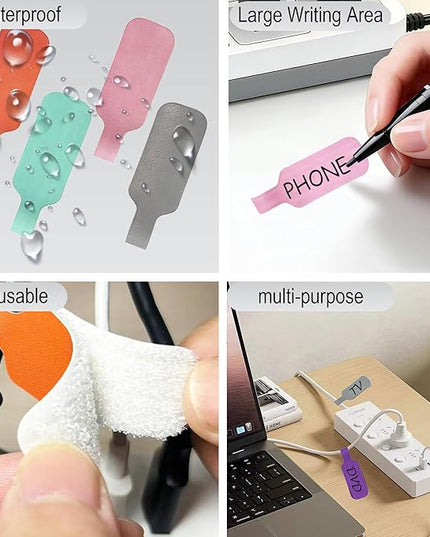 Large Size Cable Labels (35 PCS) - Leather Texture Cord Tags for Wire Organizing & Identification, Comes with 1 Dual-Tip Marker (Thick/Thin), Reusable & No Sticky Residue for Electronics/Home Theater