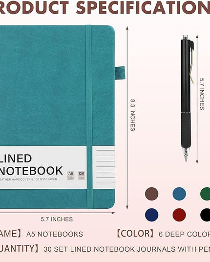 Aodaer 30 Set Lined Notebook Journals with Pens A5 Notebooks 100 GSM College Ruled Hardcover Notebook PU Leather Notepad with Pen Holder for Office School, 5.7 x 8.3 Inches, Deep Multicolor