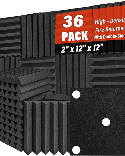 36 Pack Acoustic Foam Panels 2" x 12" x 12" Sound Proof Foam Panles Saiqiang Soundproofing Noise Absorbing Wedge Black Panels for Wall Studio Foams with Double-Side Adhesive