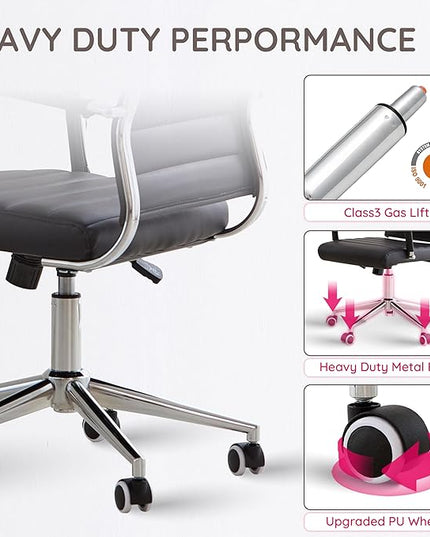 Livinia Modern Executive Office Desk Chair, Chrome & Leather Conference Room Swivel Chairs with Ribbed High Back, Adjustable Height, Removable Armrest, and Wheels for Home Office (Black(Chrome))