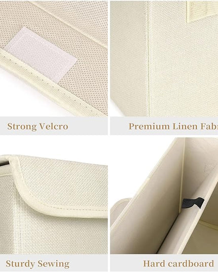 Large 22 Quart [4-Pack] Linen Fabric Foldable Storage Bin Cube Organizer Basket with Flip-Top Lid & Handles, Clothes Blanket Box for Home, Office, Closet (14.6 x 9.5 x 9.5, Beige)