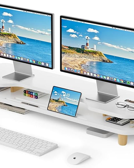 2 Tier White Dual Monitor Stand Riser,Wider Board Computer Monitor Stand for 2 Monitors,Slot For Phone/Tablet Office Desktop Organizer for Laptop,PC,Computer,Printer,White