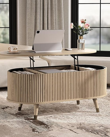 JOINICE 42.5" Oval Lift Top Coffee Table with Storage, Mid Century Modern Oak Center Table with Fluted Panel, Solid Wood Legs & Hidden Compartment for Living Room