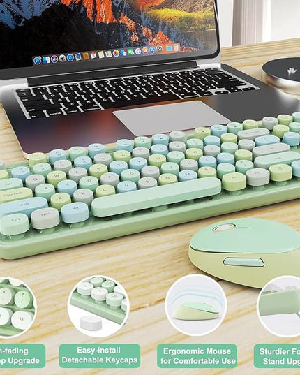Wireless Keyboard and Mouse Combo, Ergonomic Full Size Typewriter Retro Round Keycaps Keyboard, Compatible with Windows, PC, Perfer for Home and Office Keyboards (Green