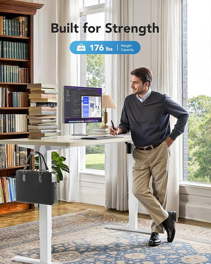 HUANUO 63 x 24 inch Electric Standing Desk, Height Adjustable Table with Headphone Hooks & Cable Manager, Sit to Stand up Desk for Home Office, Natural