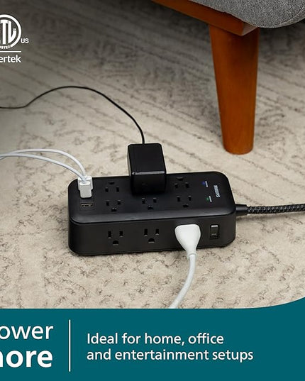 Philips Surge Protector, 12 Outlet, 2 USB-A, 1 USB-C, 17W, 3120J, Braided Cord, 8ft, Black