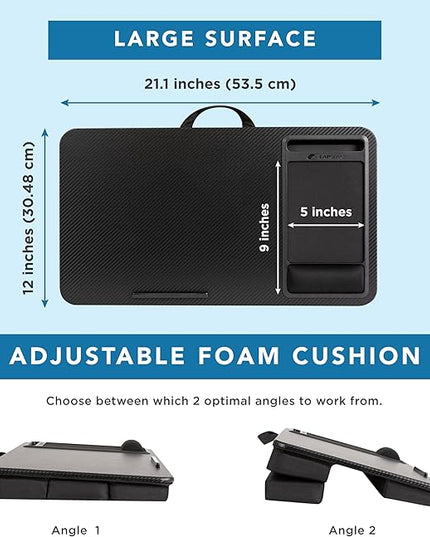 LAPGEAR Large Adjustable Lap Desk – Fits Laptops up to 15.6”, Adjustable Cushion, Memory Foam Wrist Rest, Mouse Pad, Device Ledge, & Phone Slot - Black Carbon - Style No. 88008