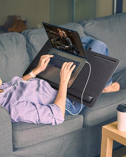 CENNBIE Leather Lap Desk with Memory Foam Cushion 24x16 Inches- Adjustable Portable Laptop Tray Fits 17 19 Inch Notebook - Built-in Wrist Rest Lightweight Computer Desk (Black)