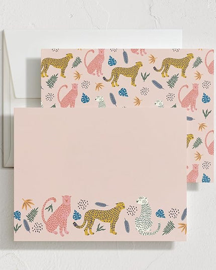 Minted Sweet Tropical Stationery Set, Set of 10, Flat Note Cards & Envelopes for Invitiations and Handwritten Thank You Messages, Jungle Cats & Foliage Design, Gifts for Teachers, Luxurious Paper