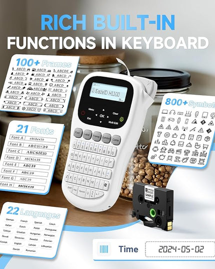 Label Maker Waterproof-Labels, Handheld Label Maker Machine with-Tape 12mm 0.47 Laminated White, Backlit Screen Multiple Fonts & Symbols, Portable Keyboard Labeler for Home Office School Use, H1100