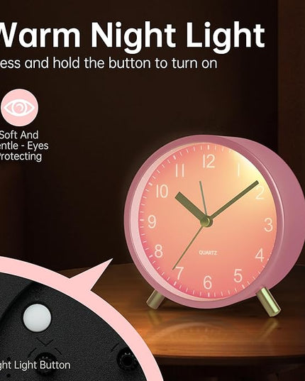 Analog Alarm Clock, 4 inch Super Silent Non Ticking Small Clock with Night Light, Battery Operated, Simple Design, easy setting for Office, Bedroom, Bedside, Desk, teens, elders, kids, adult, Pink