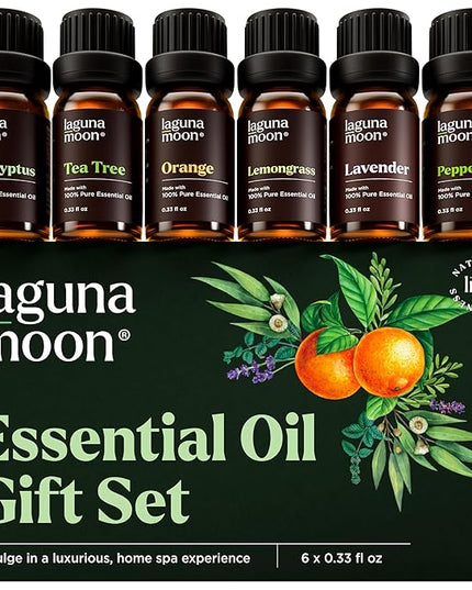 Lagunamoon Essential Oils Aromatherapy Set - 6 Oils for Diffusers, Home Care, Candle Making Scents, Fragrance, Humidifiers, Gifts - Peppermint, Tea Tree, Lavender, Eucalyptus, Orange (10mL)