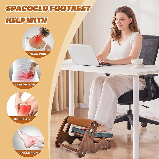 Foot Rest for Under Desk at Work- Adjustable Rocking Foot Stool with 3 Height Position and Soft Crossbar, Ergonomic Wooden Footrest with Soft Sponge Pad for Home, Office