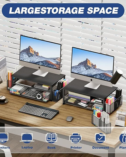 OPNICE Desk Organizer and Accessories, 2-Tier Computer Monitor Stand with Drawer and 2 Pen Holders, Laptop Stand, Office Desk Accessories for Office Supplies, Carbon Fiber