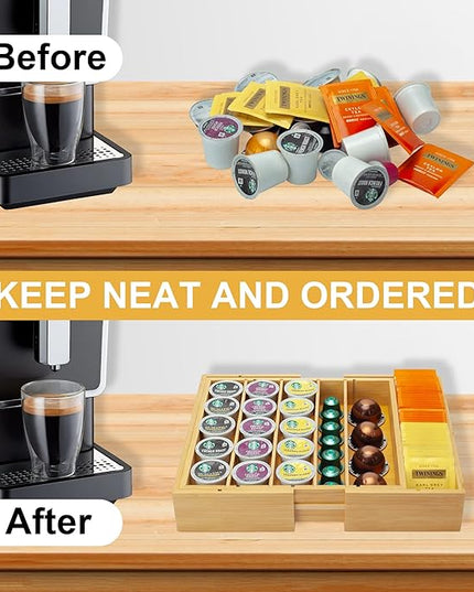 MinBoo Bamboo K Cup Holder for Drawer or Countertop Coffee Pod Holder Expandable K Cup Pod Storage Tea bag organizer K Cup Storage for Coffee Station Home Office and Kitchen