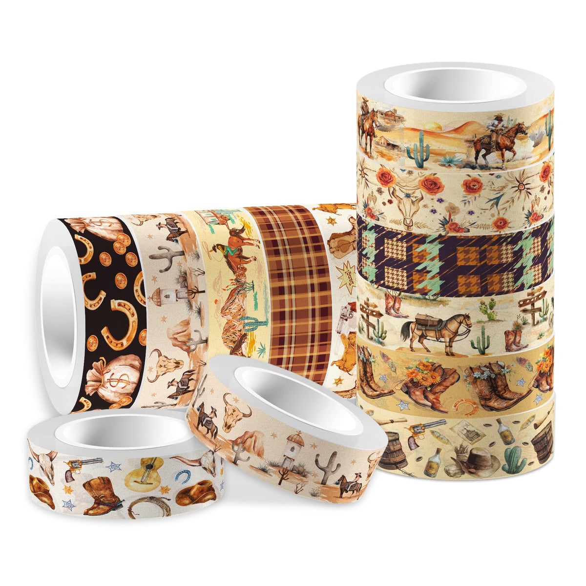 MOZUI 12 Rolls Western Washi Tape Masking Decorative Cowboy and Cowgirl Washi Tape for DIY Craft Gift Wrapping Handbook Sticker Scrapbook Journaling Party Favor