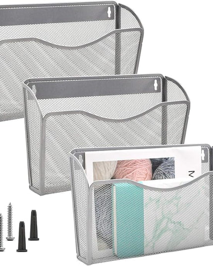 EASEPRES 3 Single Pocket Mesh Hanging File Organizer, Vertical Wall Mounted Magazine File Holder, Mount Basket Mail Paper Document Folder Organizing for Office, Home and School, Silver