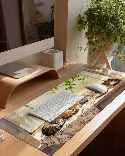 Cat XL Mouse Pad 31.5 x 11.8 Inch Gaming Mousepad Diatomite Large Keyboard Mouse Pad for Home and Office Desk Accessories with Peaceful Sunlit Window Cats Illustration