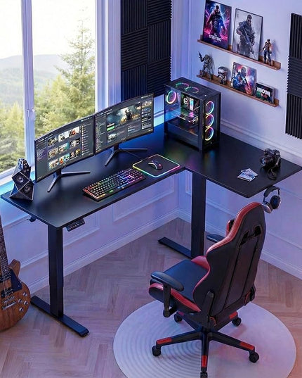HUANUO L-Shaped Standing Desk, 63 x 40 inch Dual Motor Corner Standing Desk, Electric Height Adjustable Computer Desk with Cable Tray & 3 Preset Heights, Raising Desk for Home Office, Black, HNESD109