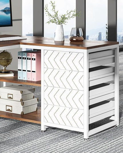 Tribesigns L Shaped Computer Desk with Storage Drawers, 59 inch Corner Desk with Shelves, Reversible L-Shaped Office Desk Study Writing Table Workstation for Home Office, Walnut & White