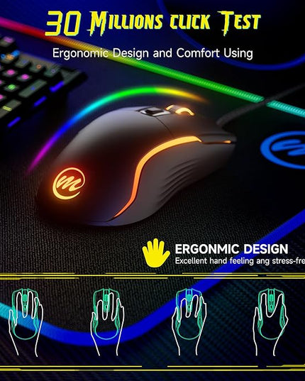 memzuoix Wired Gaming Mouse with RGB - 6 Adjustable DPI up to 12800, 6 Buttons, 12 Lighting Modes, Ergonomic Design with Anti-Slip Rubber Wheel, 5.6ft Braided Cable for PC/Mac/Windows - Black