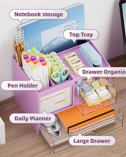 Marbrasse Desk Organizer with 3 Drawer, Multi-Functional Pencil Pen Holder, Desk Organizers and Accessories with 4 Compartments,Desktop Organizer Storage for Office Home Art Supplies (Purple)