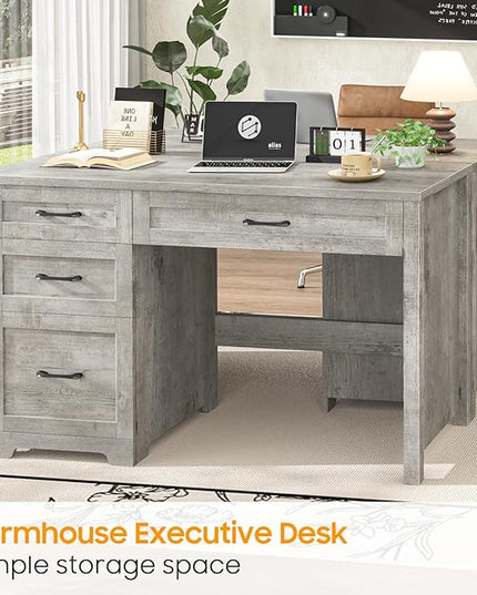 Vabches Farmhouse 47" Executive Desk with File Drawer, Workstation for Home Office, Study, Writing,Wood Computer Desk with 3 Storage Drawers .(Grey)