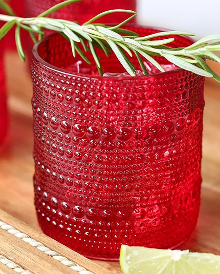 Kate Aspen Red Hobnail Drinking Glasses - Vintage Beaded Glassware Set for Cocktails, Juice, or Water - Christmas Table Decor and Holiday Drinkware - Great Holiday Hostess Gifts