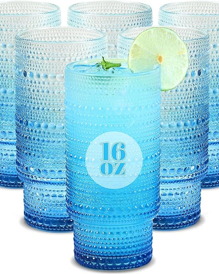 6pcs Hobnail Drinking Glasses Set, 16 oz Vintage Glassware Drinking Glasses, Gradual Blue Water Glasses Tumbler, Cups for Kitchen, Juice, Beer, Cocktail, Whiskey