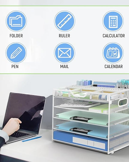 Docnest 5 Tier Mesh Desk Organizer- Letter Tray with Adjustable Compartments, Mesh Desktop Storage Built in Pen Holder and Handles, Desk Organizer Tray for Mail Documents Office Supplies–White