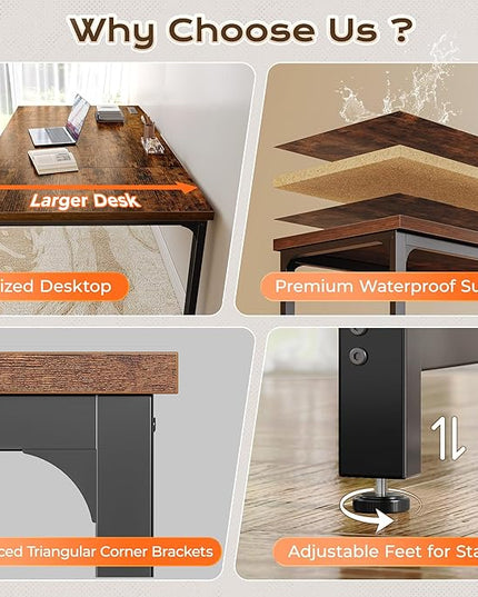 Huuger 63 x 31.5 inch Desk with Power Outlets & USB-C, 0.95 Inch Thicker Desktop, Robust Metal Tubes, Deep Computer Desk, Heavy Duty Office Desk, for Home Office, Rustic Brown