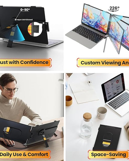 Laptop Screen Extender 0.27" Ultra-Thin, 14" FHD 1080P IPS Lightweight Dual Portable Monitor, USB-C/HDMI Plug & Play for 13-17" Laptops, Travel screen compatible with Windows/Mac/Chrome/Switch/Android