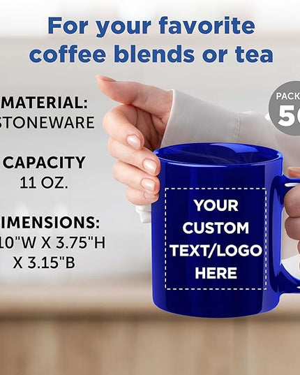 Custom Ceramic Coffee Mugs 11 oz. Set of 50, Personalized Bulk Pack - Coffee cup set, Iced coffee cup, Gaming mug - Cobalt Blue