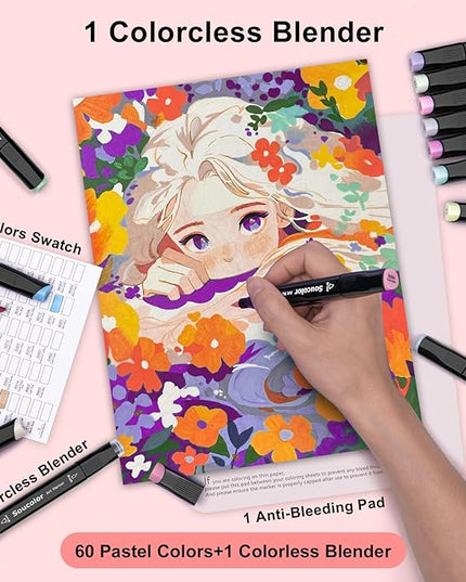 Soucolor 61 Colors Pastel Alcohol Based Markers Set | Professional Dual Tip Art Markers with Brush & Chisel Tips | Includes 1 Blender & Carry Case | For Artists, Adults Coloring, Drawing, Illustration