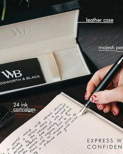 Wordsworth & Black Majesti Fountain Pen-(Black), Luxury Case, 24K Gold Finish; 18K Gilded Medium Nib- Ink Cartridges, Refillable Ink Converter-Calligraphy Pen-Best Business Gift Set for Men & Women