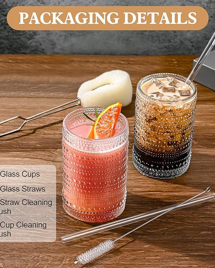 Vintage Glassware Drinking Glasses Set of 6,15 oz Hobnail Glass Cups,Embossed Clear Water Tumbler,for Beer,Cocktail,Whiskey,Juice and Various Mixed Drinks- 1 Cleaning Brush