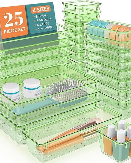 WOWBOX 25 PCS Plastic Drawer Organizer Set, 4 Sizes Desk Drawer Divider Organizers and Storage Bins for Makeup, Jewelry, Gadgets for Kitchen, Bedroom, Bathroom, Office, Clear Green