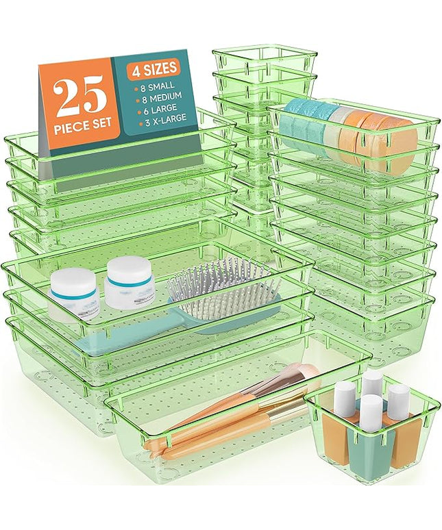 WOWBOX 25 PCS Plastic Drawer Organizer Set, 4 Sizes Desk Drawer Divider Organizers and Storage Bins for Makeup, Jewelry, Gadgets for Kitchen, Bedroom, Bathroom, Office, Clear Green