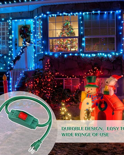 Weewooday 3 Prong Outdoor Extension Cord with Waterproof Switch 1875W Heavy Duty 14/3 SJT Cable Inline On/Off 15A 125V Grounded Outlets Plugs for Appliances (Green, 3 ft)