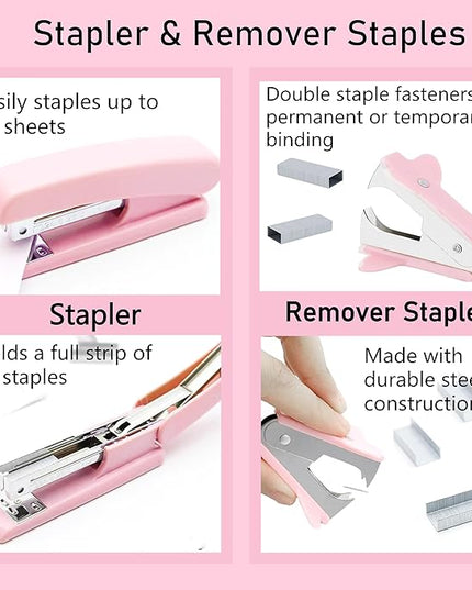 Pink Office Supplies, Pink Desk Accessories, Stapler, Staple Remover, Tape Holder, Pen Holder, Ballpoint Pen, Scissor, Binder Clips, 1000pcs Staples, Phone Holder, Ruler, Transparent Glue and Notes