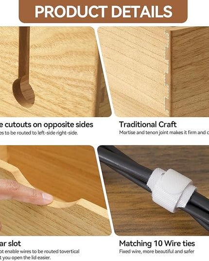 KIRIGEN Cable Management Box Wooden Cord Organizer Hide Power Strip Desk Wires Protector for Home Office TV Computer (DXH2T-NA)