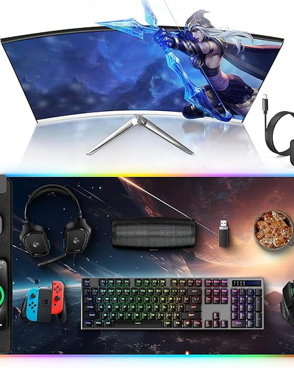 TopMade RGB Gaming Mouse Pad with 15W Wireless Charging, 31.5” x 15.8” XXL Large Desk Mat Home Office Keyboard Pad for Desk, Waterproof Mousepad with Smooth Surface, Non-Slip Base, Cosmic Planet