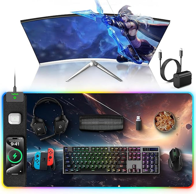 TopMade RGB Gaming Mouse Pad with 15W Wireless Charging, 31.5” x 15.8” XXL Large Desk Mat Home Office Keyboard Pad for Desk, Waterproof Mousepad with Smooth Surface, Non-Slip Base, Cosmic Planet