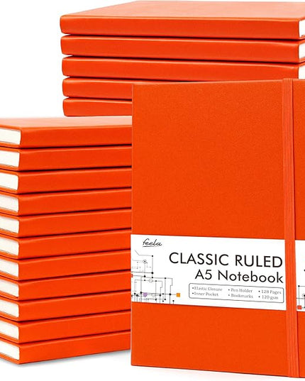 feela 24 Pack Journal Notebook for Work, Business Notebook Bulk Hardcover Lined Writing Journal with Pen Holder for Men Women Note Taking, with 24 Black Pens, 120 GSM, 5.1”x8.3”, A5, Orange