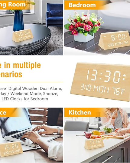 Kogonee Wooden Digital Alarm Clock, 0-100% Dimmer, 2 Alarm Settings, Weekday/Everyday Mode, 9 Mins Snooze, 12/24H, Temperature and Date Display for Office, Travel, Bedroom Alarm Clock (Bamboo)