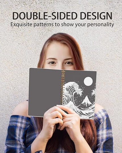 Knibeo Japanese Wave with Sun Black and White Art Lined Hardcover Spiral Notebook Journal 5.5×8.3 Inch,College Ruled Notebook for Work Notes Journaling,Gifts for Cat Lovers Women Girls pvc notebook
