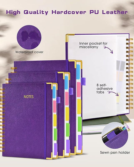 Hardcover Spiral Notebook 8.5"x11" Journal with Removable Dividers Tabs, 300 Pages Leather 5 Subject Notebook College Ruled, Large Notebooks for Work School, Lined Journal for Women, A4 Dark purple