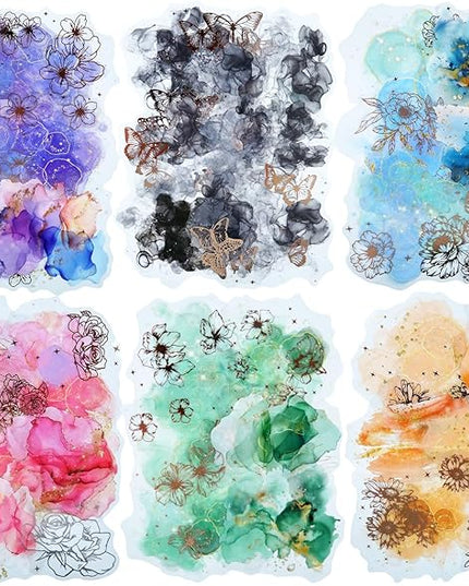 AuriicLeaf Watercolor Floral PET Sticker Set, 60PCS Gold Foil Flower Stickers for Scrapbooking, Journaling, DIY Crafts, Decorative Collage, Planner, and Art Supplies