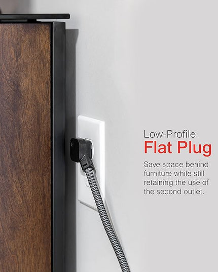 GE 3-Outlet Power Strip Surge Protector 15 Ft Braided Long Cord Extension Cord Surge Protector Power Strip Flat Plug Extension Cord 250 Joules ETL Listed Black 44237